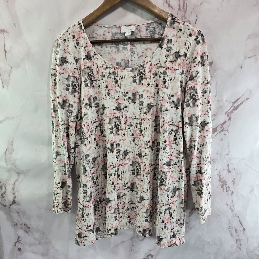 J Jill Shirt Womens Medium Tall Pink White Taupe Long Sleeve Wearever Jersey